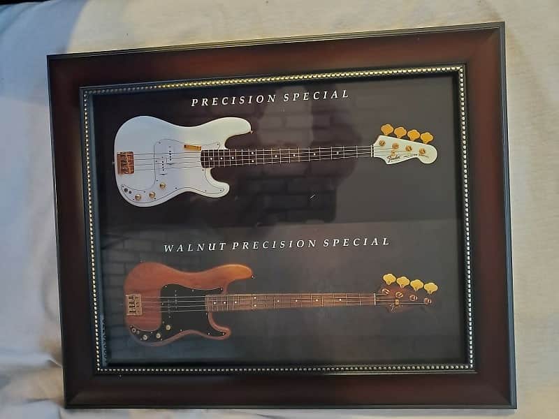 1982 Fender Guitars Color Promotional Ad Framed Fender Walnut Precision & Precision Special Bass Original image 1