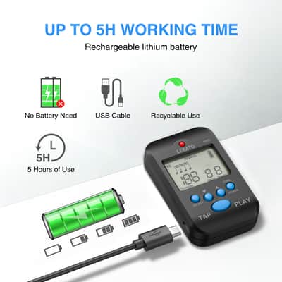 LEKATO Digital Metronome Rechargeable LCD Electronic Metronome with Timer Human Voice 10 Beat Sounds Volume Adjustable Clip on Mini M65 Metronome for Piano Guitar Flute Violin Drum image 4