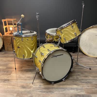 VINTAGE Slingerland Yellow Satin Flame Drum Set & Hollywood Ace 14" Snare Drum - 20/13/16/14SN image 1