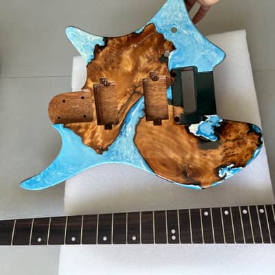 Vibrato system 24frets Handmade Custom Headless Guitar Body Neck Kit, Full Solid Mahogany Core, In-body Poured Marbled Blue Epoxy Resin & Burl Wood Grain, 5P Roasted Flamed Maple Neck with Truss Rod, Unfinished Build Your Own Electric Guitar "T contour" image 5
