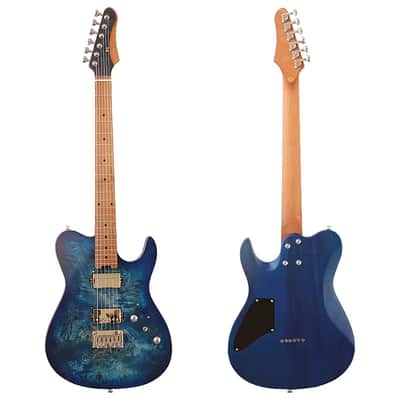 Custom Blue Burl Wood Top Electric Guitar, HH Pickups, Okoume Body, Roasted Maple Neck, 22 Frets Fingerboard image 4