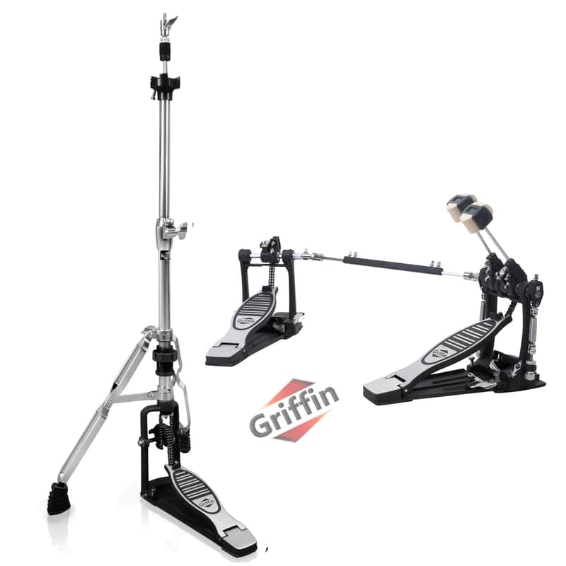 GRIFFIN Deluxe Pack Drum Hardware Kit (2 Piece Set) - Double Kick Drum Bass Pedal & 2-Legged Hi-Hat Stand | Quad-Sided Beater Head, Dual Chain Drive System & Responsive for Metal & Rock Drummers image 1