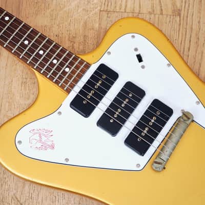1980s Burny FB-85 F-Bird III Vintage Electric Guitar Gold Mist Poly P-90s, Japan image 8