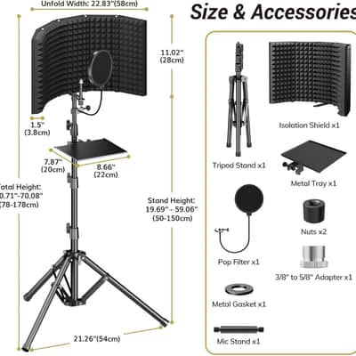 Isolation Shield Pack for Mic, Acoustic Foam Shield with Pop Filter & Tripod Stand, Foldable Design, Suitable for Recording, Podcasts, Singing, Broadcast, Max 178 cm/70inch image 2