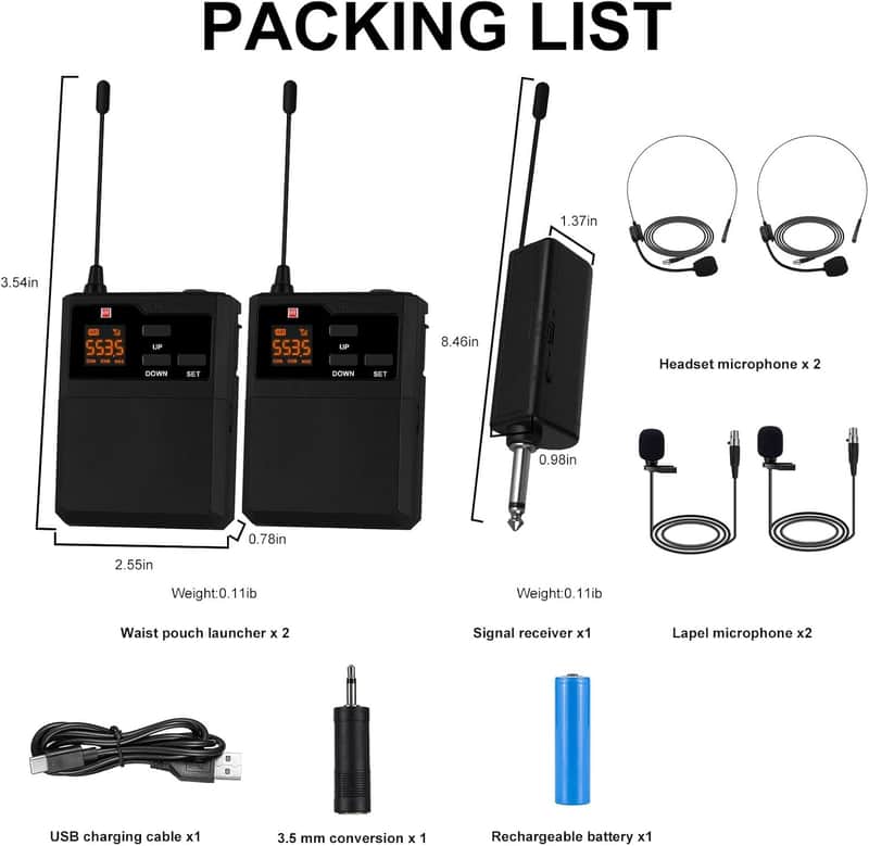 Wireless Lapel Microphone System with Headset & Lavalier Mics, Dual Bodypack Transmitters, Mini Rechargeable Receiver, 48 Channels in 500MHz UHF Band, 260ft Range for Wedding Speech Church image 1