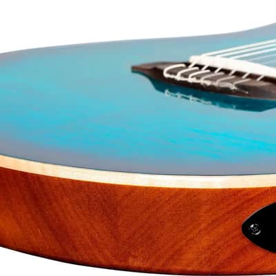 Ortega Tourplayer Thinline Acoustic-Electric Classical Guitar, Flamed Maple Top, Blue image 4