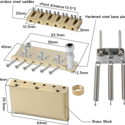 10.5mm Electric Guitar Bridge with Stainless Steel Saddles Plate Brass Block 2 Point Tremolo Bridge Compatible with Stratocaster Strat 6 String Electric Guitar Replacement Parts (Pearl Gold) image 3
