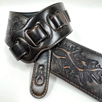 Walker & Williams LIP-07 Dark Bourbon Brown Carved Leather Spade Cut Strap with Tooled Cross and Thorns image 6