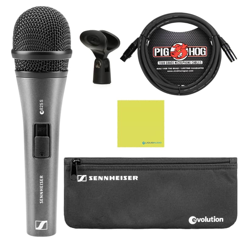 Liquid Audio Sennheiser E825-S Cardioid Dynamic Vocal Microphone Bundle w/Pig Hog PHM10 8mm Mic Cable Polishing Cloth image 1