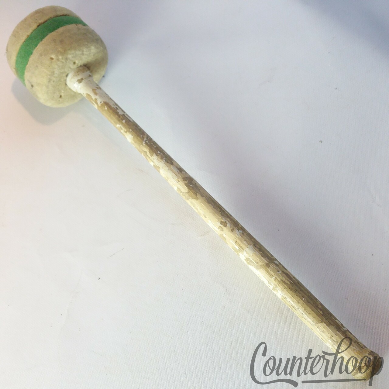 Ludwig Marching Bass Drum Mallet Wood Handle White Paint/Felt Green Stripe Head — main photograph