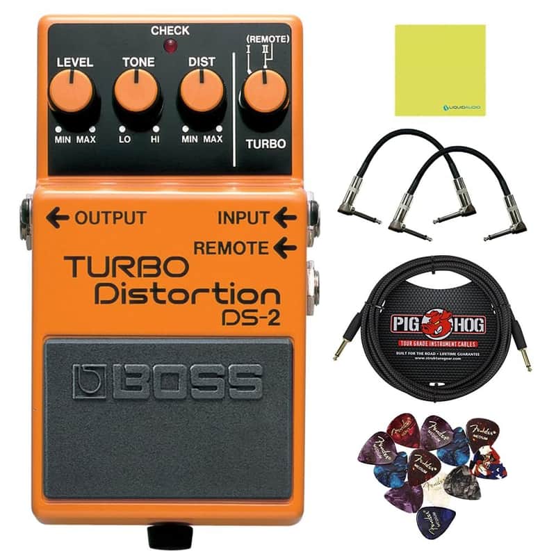 Boss DS-2 Turbo Distortion Pedal Bundle w/ 2-Pack Strukture S6P48 Woven Right Angle Patch Cable, Pig Hog PCH10BK "Black Woven" Instrument Cable, 12-Pack Guitar Pick and Liquid Audio Polishing Cloth image 1