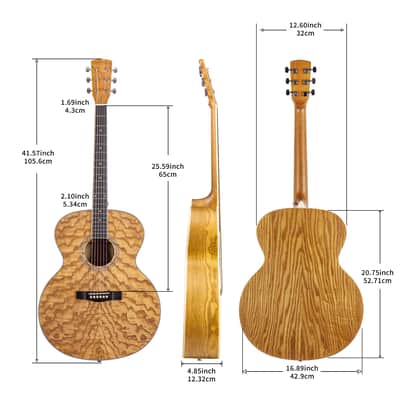 TARIO 41'' Antique Jumbo Body Acoustic Guitar Curly Ash body Okoume Neck Natural image 2