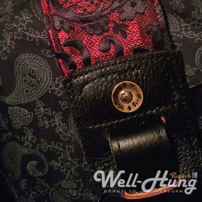 Well-Hung "Lunch with Lucifer" 3" wide padded guitar strap in Red Damask /Black Leather image 5