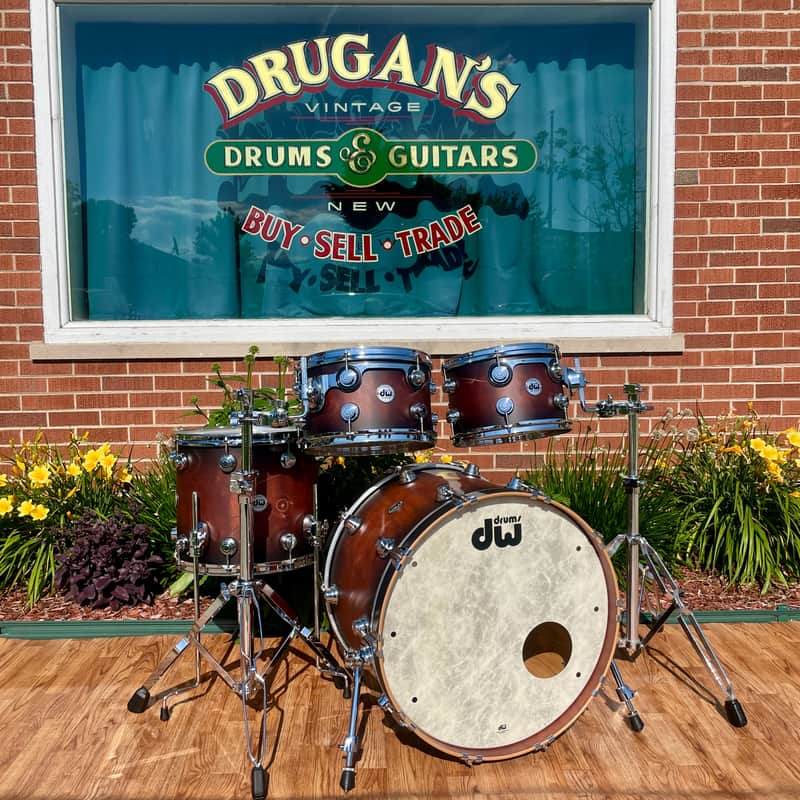 DW Collector's Series Pure Exotic Oak 4pc Drum Set Candy Black Burst Over Giant Quilted Sapele 22/12/13/15