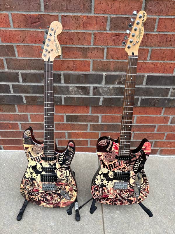 Late 2000's Squier Obey Strat & Tele Set of Two Guitars - Obey Propaganda Finish image 1