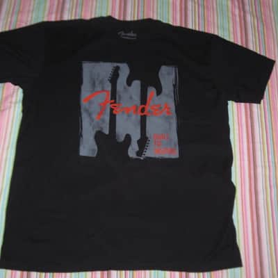 new (no tags) A+ genuine Fender Built to Inspire short sleeve T-Shirt, Black, size XL (X-Large), 100% Cotton, part # (p/n): 9112000606, Black Shirt with Gray, Red, & Black GRAPHIC image 7