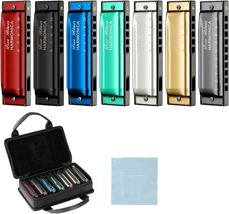 Harmonica Set, 7 Keys Diatonic Mouth Organ with Case, A, B, C, D, E, F, G, Professional, Bronze Reed, Polished Finish image 1