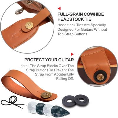 Guitar Strap, Cotton Full Grain Leather Ends Guitar Straps with Pick Pocket for Bass, Electric & Acoustic Guitar, Come with Free Strap Button, 1 Pair Strap Locks and 4 Guitar Picks image 6