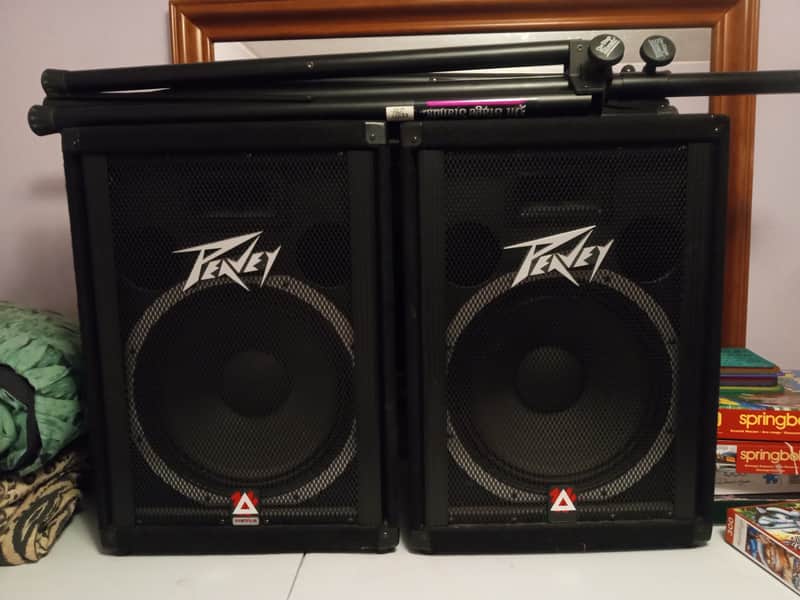 Pair of Peavey 115 TLS Passive PA Speakers w/ On Stage Stands - 1980's - Tested, Working image 1