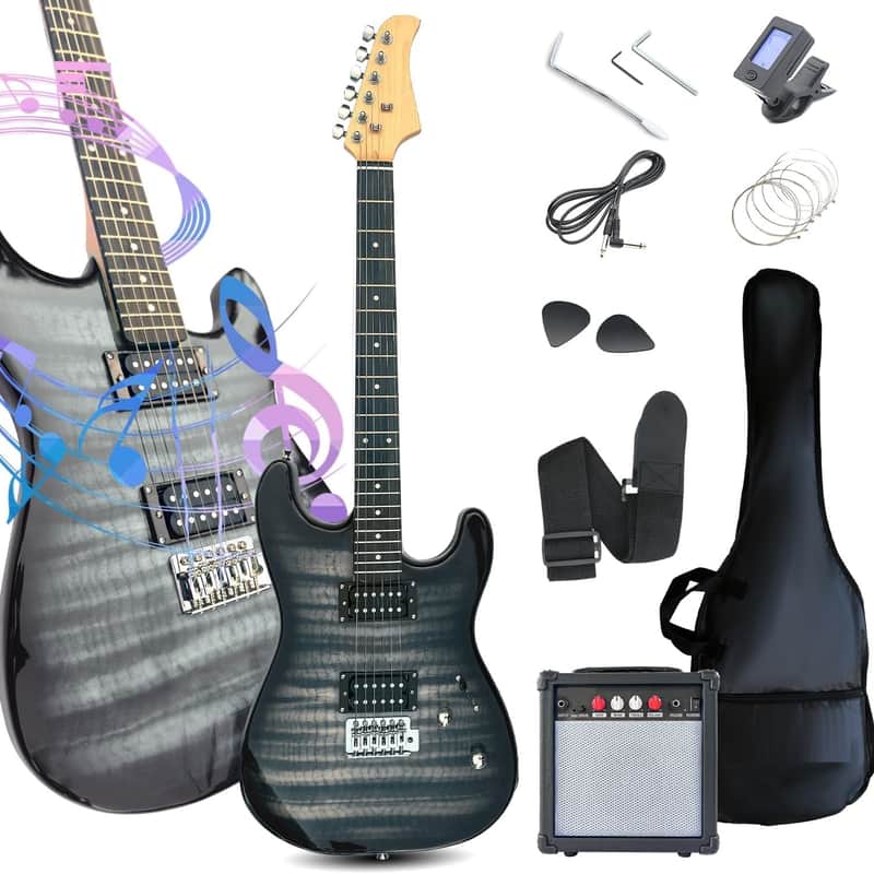 39" Full Size Style Electric Guitar Starter Kit with HH Pickup, 20W Portable Amp, Tuner, Gig Bag, Strap & Accessories (Black Flame) image 1