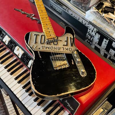 Custom Partscaster Double Bound Freakaster Telecaster Custom with Vintage Oklahoma License Plate Pickguard- Nitro Relic Aged Black image 2