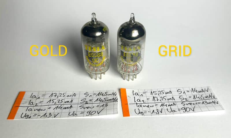 2 x NOS Tesla ECC88 "GOLD GRID / GOLD FRAME" tubes, 03.1963/03.1963 Telefunken CCa sound at a fraction of the price. Paired, measured image 1