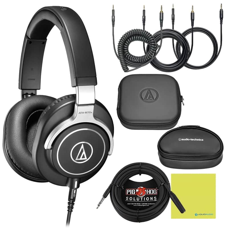 Audio-Technica ATH-M70x Professional Monitor Headphones Bundle w/ Pig Hog Solutions Headphone Extension Cable 1/4"and Liquid Audio Polishing Cloth image 1