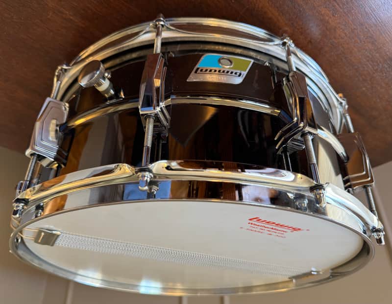 Vintage 70’s 6.5” Black Beauty Ludwig No. 417 6.5x14" 10-Lug Brass Snare Drum Pointed Blue/Olive Badge 1977 - 1979  Black Nickel-Plated Original Heads dB-300 dB-1250 image 1