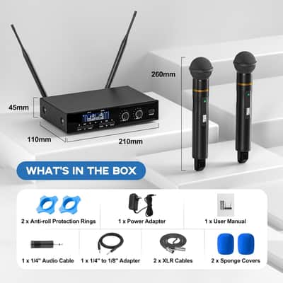 Wireless Professional Microphone System, Cordless Handheld Dynamic Mic, Dual UHF 200-Channel, Metal Microphones 328ft Long Range for Karaoke, Church, DJ, Wedding, Singing image 2