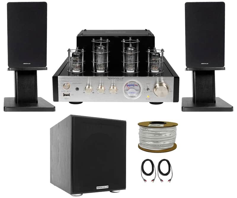 Rockville BluTube Bluetooth Tube Amplifier+Black Bookshelf Speakers+Stands+Sub image 1