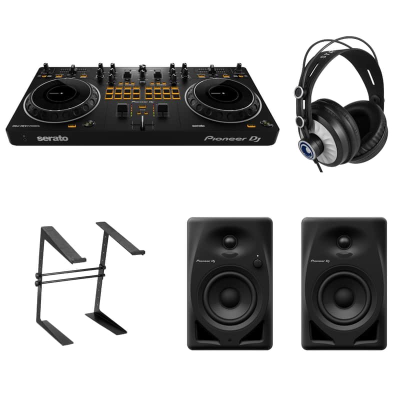 Pioneer DJ DDJ-REV1 2-deck Serato DJ Controller with Pioneer DJ DM-40D 4-inch Desktop Active Monitor Speaker - Black, On-Stage Stands LPT5000 Computer Laptop Stand, StreamEye Cans50 Professional Studio Headphones and a StreamEye polishing Cloth image 1