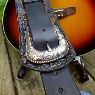 Well-Hung "The Gunfighter"  Hand-Carved / Tooled Leather Cowboy Grunge guitar strap, padded image 7