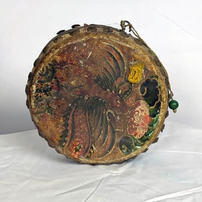Antique Chinese Hand Painted Dragon & Phoenix Tack Drum Double Sided Percussion image 4
