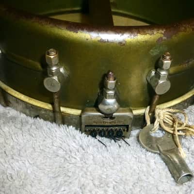 Vintage 1920s Harmony made Montgomery Ward Metal Shell Banjo Ukelele Original Gold Paint,Tuners, Nut, Top Skin Head, Adjustment Key, Banjo Uke image 10