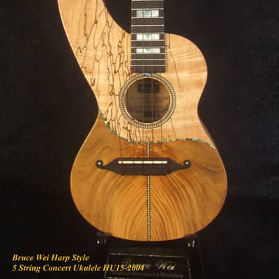 Handmade 5 String Harp Style Concert Ukulele, Solid Spalted Curly Maple, Taiwania , MOP Inlay, Bruce Wei HU15-2004 image 2
