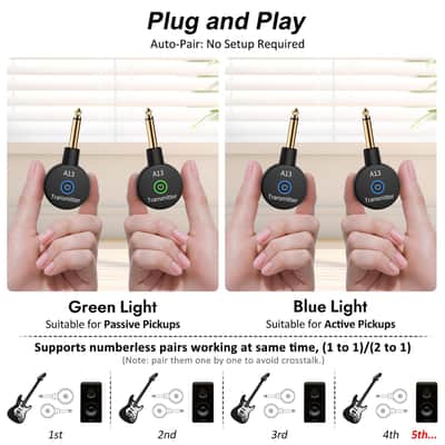 A13 Wireless Guitar System 2.4GHz Transmitter Receiver for Electric/Acoustic Bass Guitar, Rechargeable Li-Battery, Plug & Play Wireless Guitar Cable for Guitar, Bass, Violin - Black (1TX + 1RX) image 8