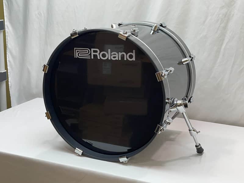 Black Roland drum with chrome hardware, displayed on a white surface.