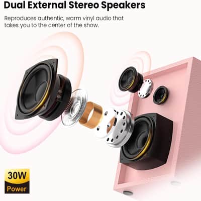 White Bluetooth Vinyl Record Player Turntable w/ Dual 30W Stereo Speakers 3-Speed RCA AUX image 5