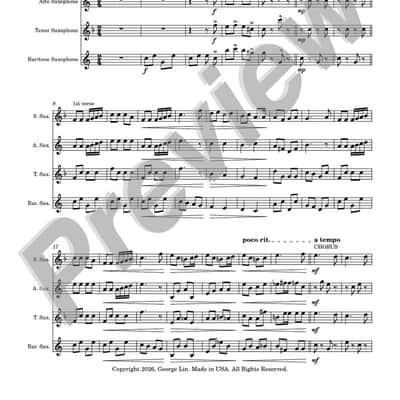 Saxophone Sheet Music - New York Town For Mine (Earle C. Jones & Albert Von Tilzer).   Arranged for sax quartet.  Full Score and Parts. image 1