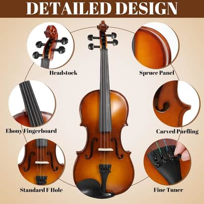 Violin 4/4 Full Set, High Density Ebony Violins, Glossy Acoustic Fiddle for Adults, Beginners, Students with Violin Case, Rosin, Strings, Bow, Shoulder Rest, Beginner's Guide (Ebony, 4/4) image 3