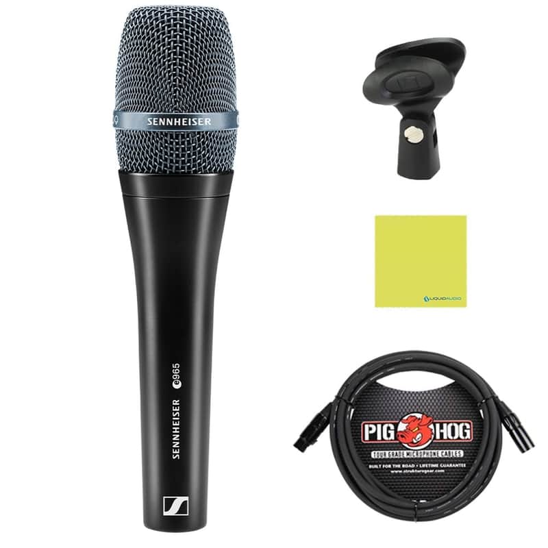 Liquid Audio - Sennheiser E 965 Condenser Handheld Vocal Microphone Bundle w/Pig Hog PHM10 8mm Mic Cable Polishing Cloth image 1