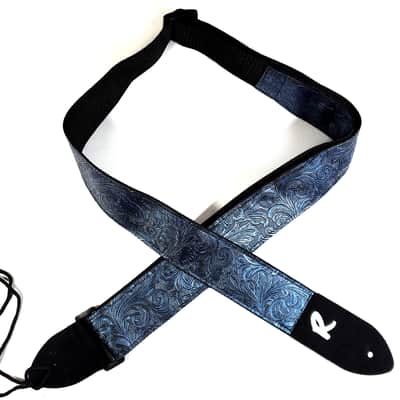 Blue Metallic Vegan Leather Guitar Strap-Blue Tooled Faux Leather Guitar Strap-Genuine Leather Ends -Fits Acoustic, Electric or Bass Guitars image 4