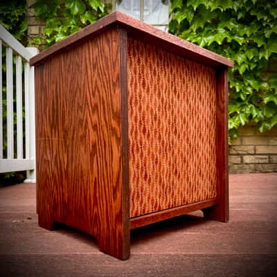 Rotary Connection 1x12 loaded semi open oak guitar speaker cabinet. Vintage Pyle 12” 8 ohm speaker. Vintage unique MCM style. 2026 - Red Oak image 3