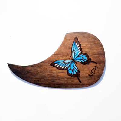 Burny Black left handed guitar pickguard - butterfly blue/walnut made to order - Urethane image 2