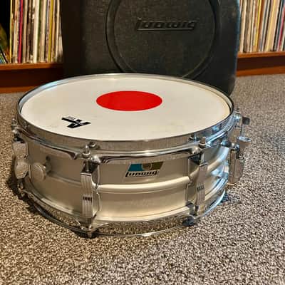 Ludwig No. 404 Acrolite 5x14" 8-Lug Aluminum Snare Drum with Pointed Blue/Olive Badge 1969 - 1979 - Matte Aluminum image 1