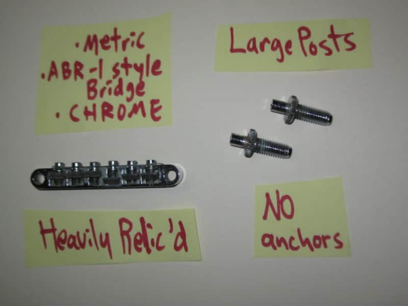 visibly used / relic'd real player's wear Epiphone B-2 metric ABR-1 vintage style bridge CHROME, large posts mounting pieces (NO anchors) early 2000s (for some import guitars that use this style bridge) will NOT fit on Gibson - mounting holes are too big image 1