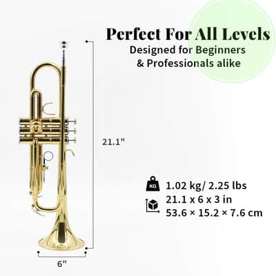 Trumpet Set For Beginners & Students, Portable Hard Case, Mouthpiece, Cleaning Kit Includes Gloves & More, 460” Bore, Brass, Nickel-Plated Valves image 2