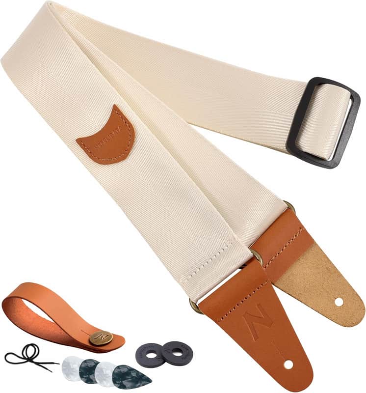 Guitar Strap with Pick Pocket, Vintage Nylon Full Grain Leather Ends Guitar Straps for Bass, Electric & Acoustic Guitar, with Strap Button, 1 Pair Strap Locks and 4 Guitar Picks (Beige) image 1