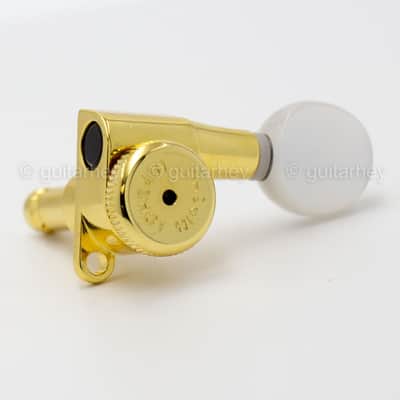 Hipshot 6-In-Line STAGGERED Closed-Gear Locking Mini Tuners OVAL PEARLOID - GOLD image 5