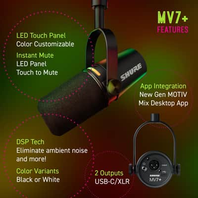 Shure MV7+ Podcast Dynamic Microphone. OBS Certified, Enhanced Audio, LED Touch Panel, USB-C & XLR Outputs, Auto Level Mode, Digital Pop Filter, Reverb Effects, Podcasting, Streaming, Recording -Black image 3
